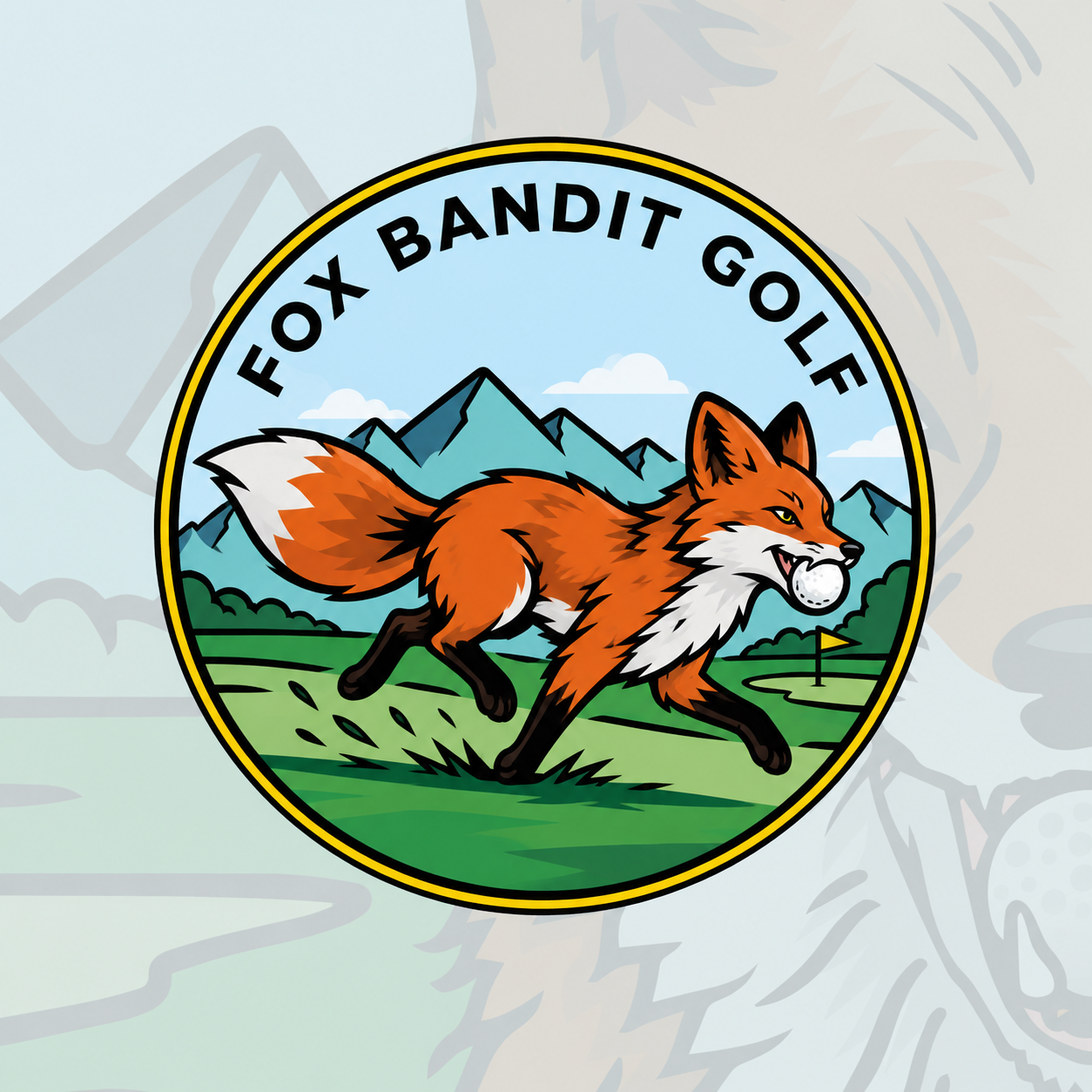 Fox Bandit Golf badge featuring a running fox carrying a golf ball, with mountains and a fairway